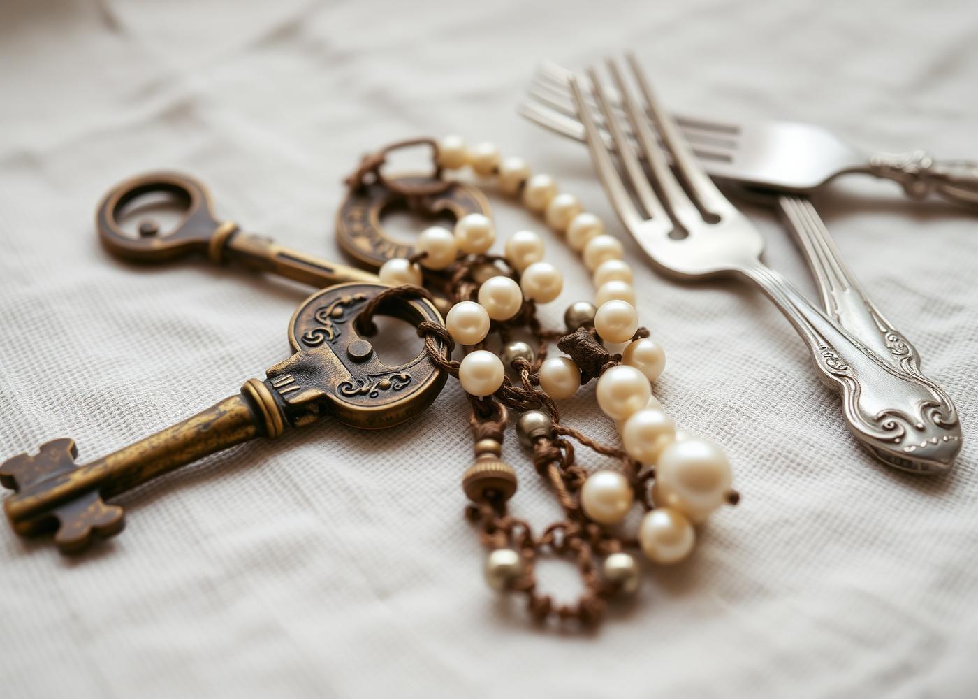 Antique keys, pearls, and silverware on linen